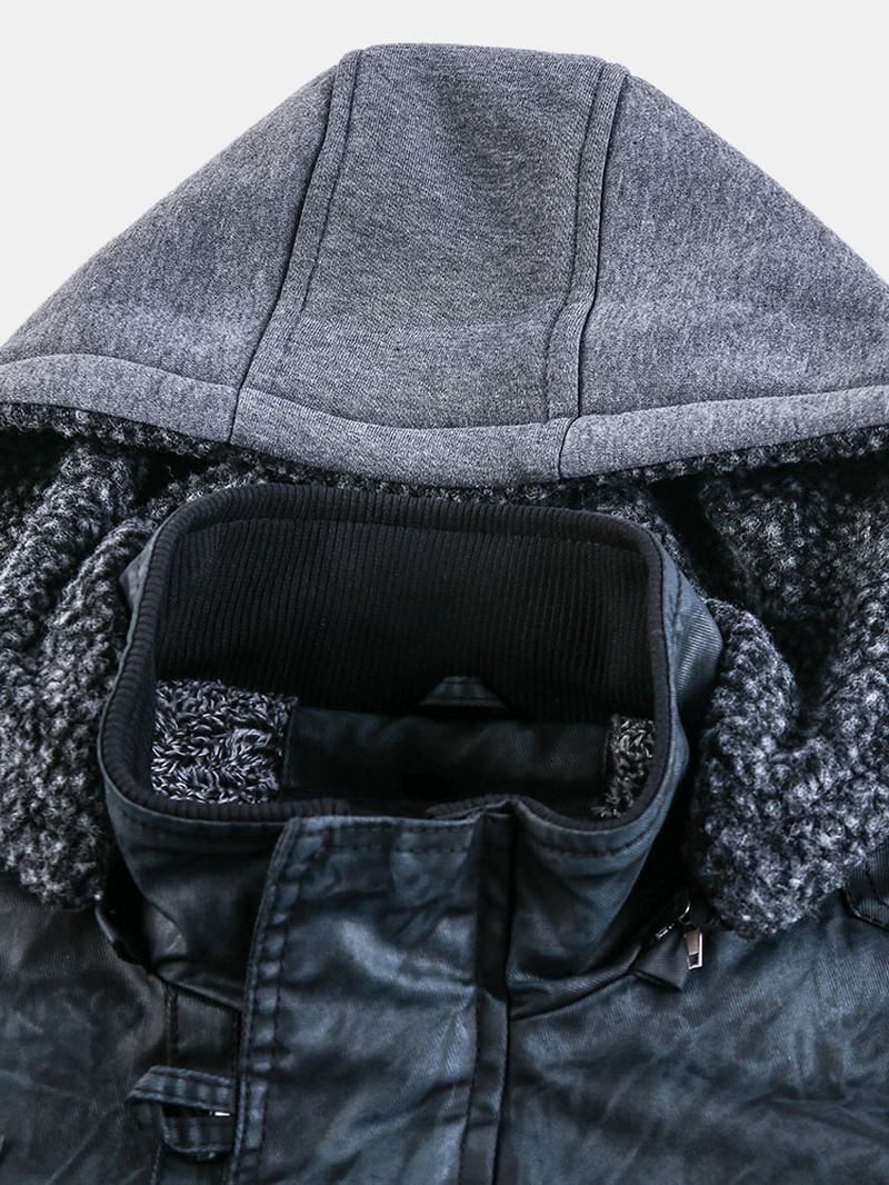 Herr Hooded Pocket Pu Läder Motorcykeljacka