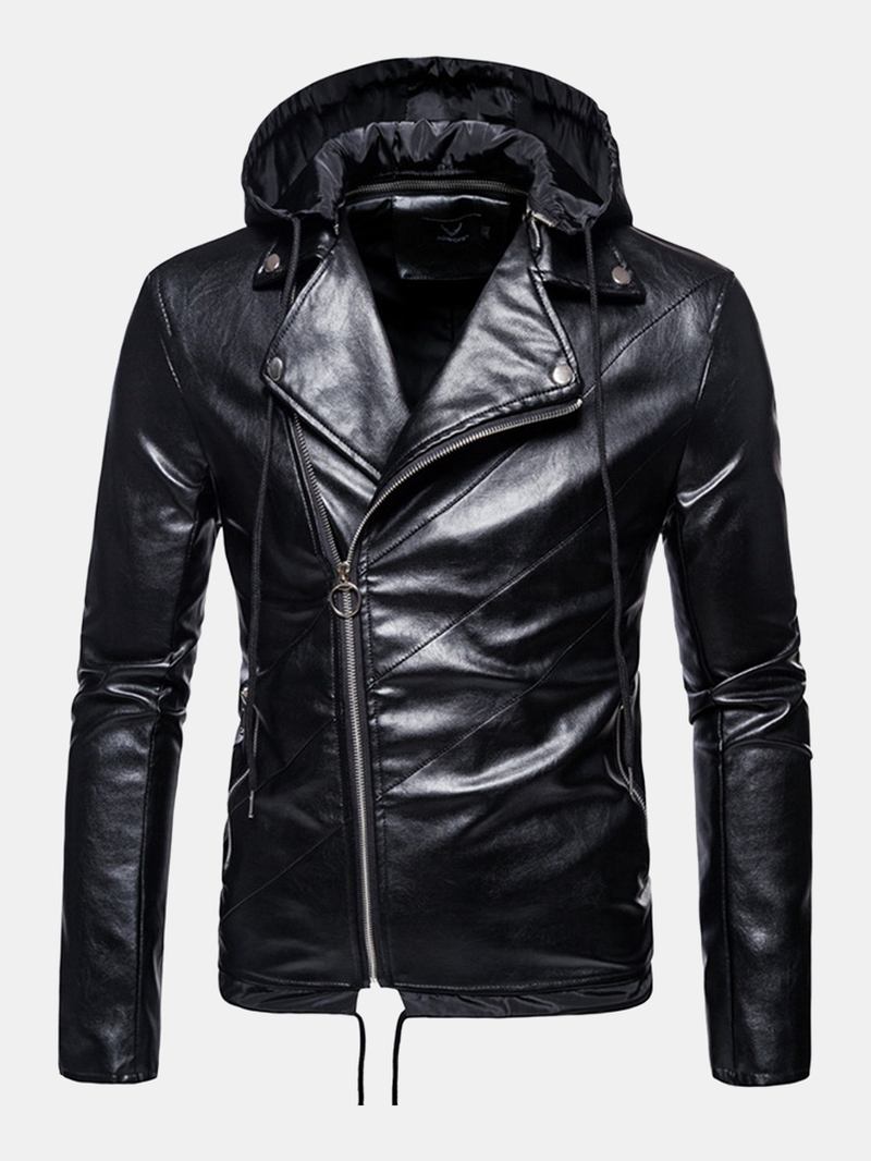 Herr Pu-läder Asymmetrisk Dragkedja Dragsko Hooded Biker Jacket