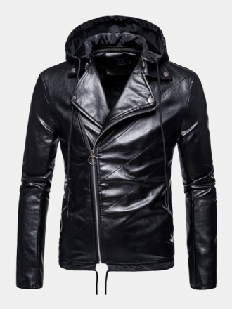 Herr Pu-läder Asymmetrisk Dragkedja Dragsko Hooded Biker Jacket