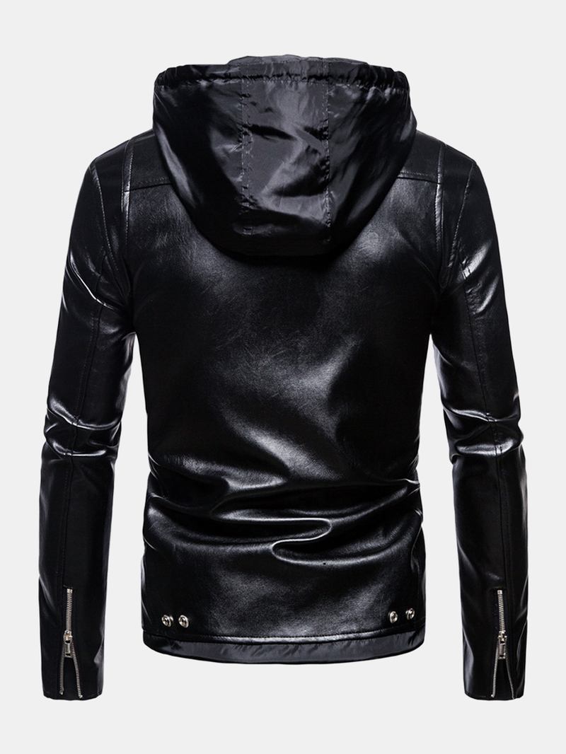 Herr Pu-läder Asymmetrisk Dragkedja Dragsko Hooded Biker Jacket