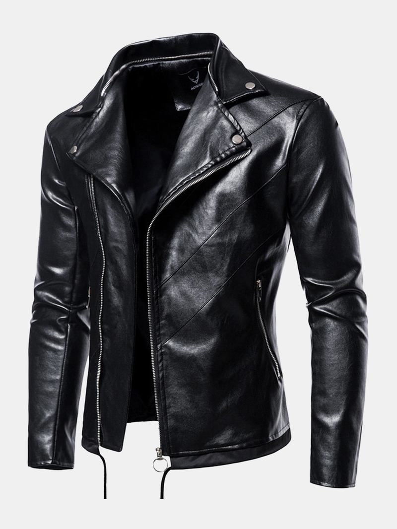 Herr Pu-läder Asymmetrisk Dragkedja Dragsko Hooded Biker Jacket