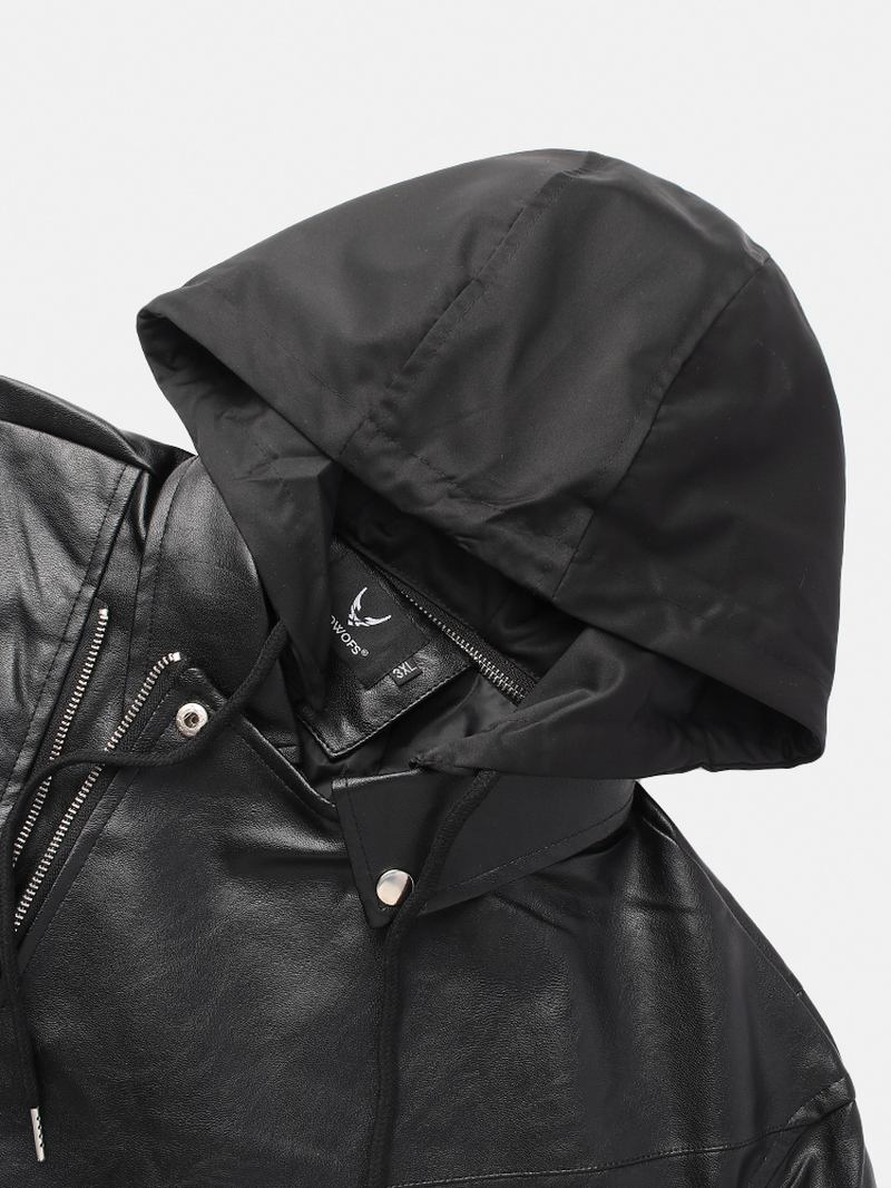 Herr Pu-läder Asymmetrisk Dragkedja Dragsko Hooded Biker Jacket