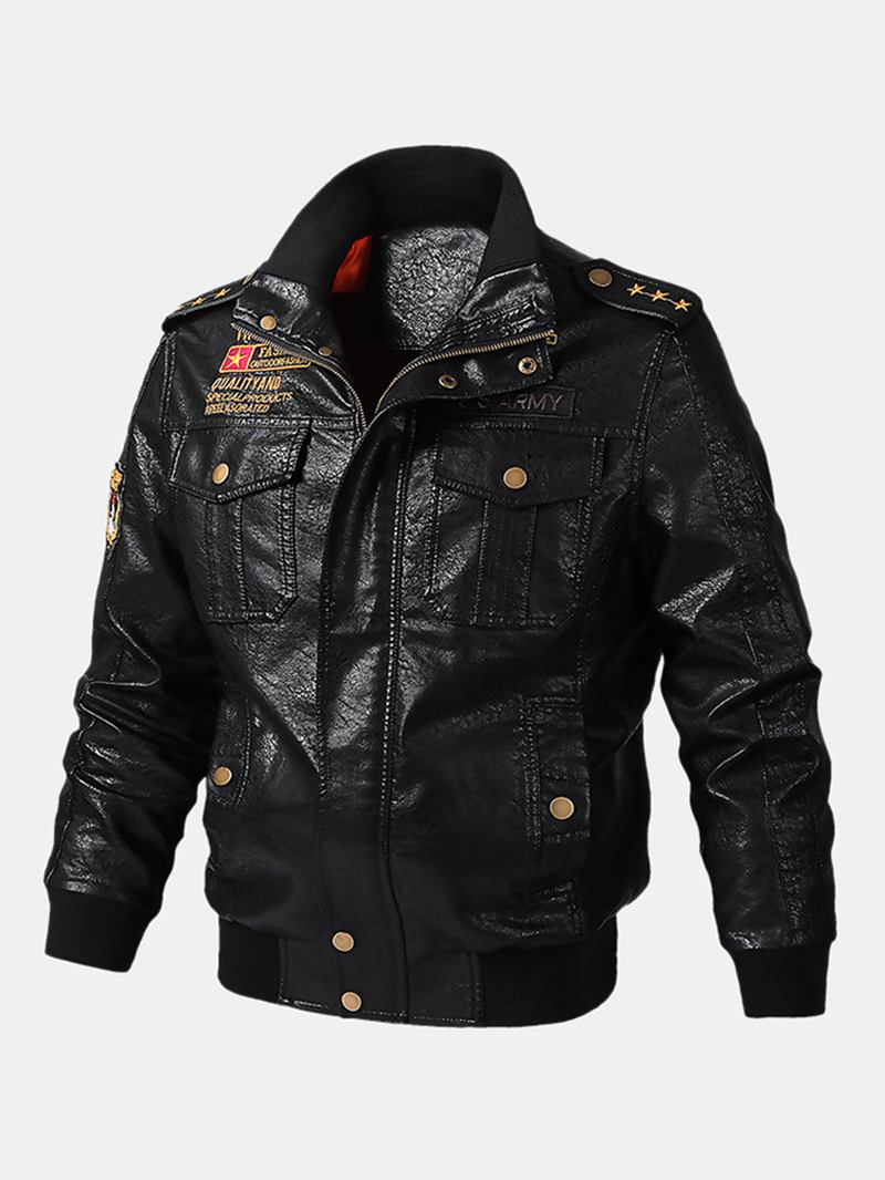 Herr Pu Läder Badge Zip Front Biker Jackor Med Flikfickor