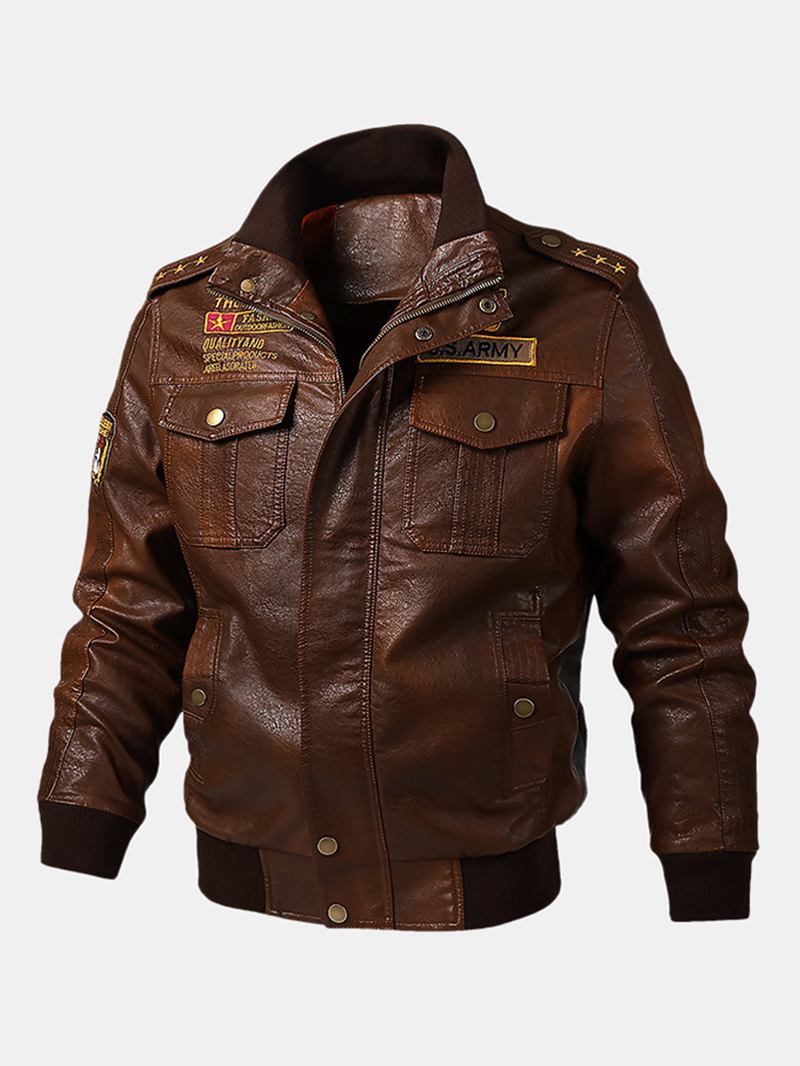 Herr Pu Läder Badge Zip Front Biker Jackor Med Flikfickor