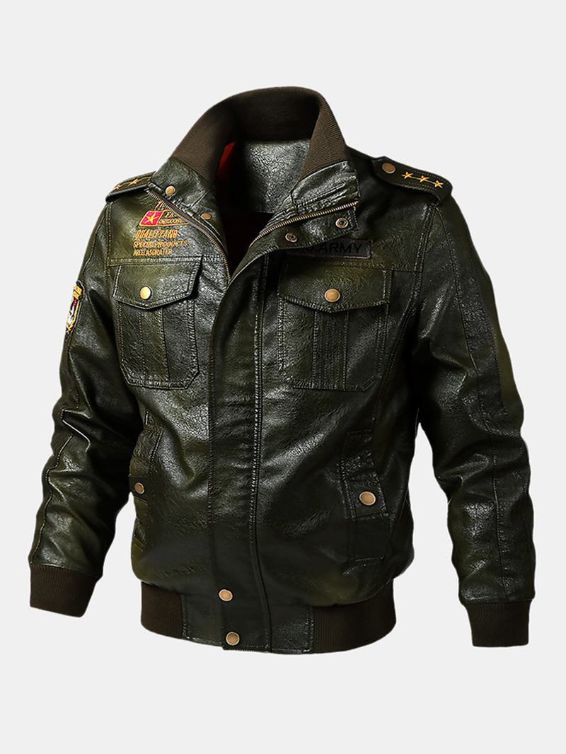 Herr Pu Läder Badge Zip Front Biker Jackor Med Flikfickor