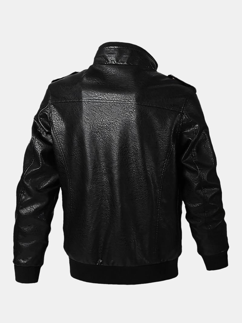 Herr Pu Läder Badge Zip Front Biker Jackor Med Flikfickor