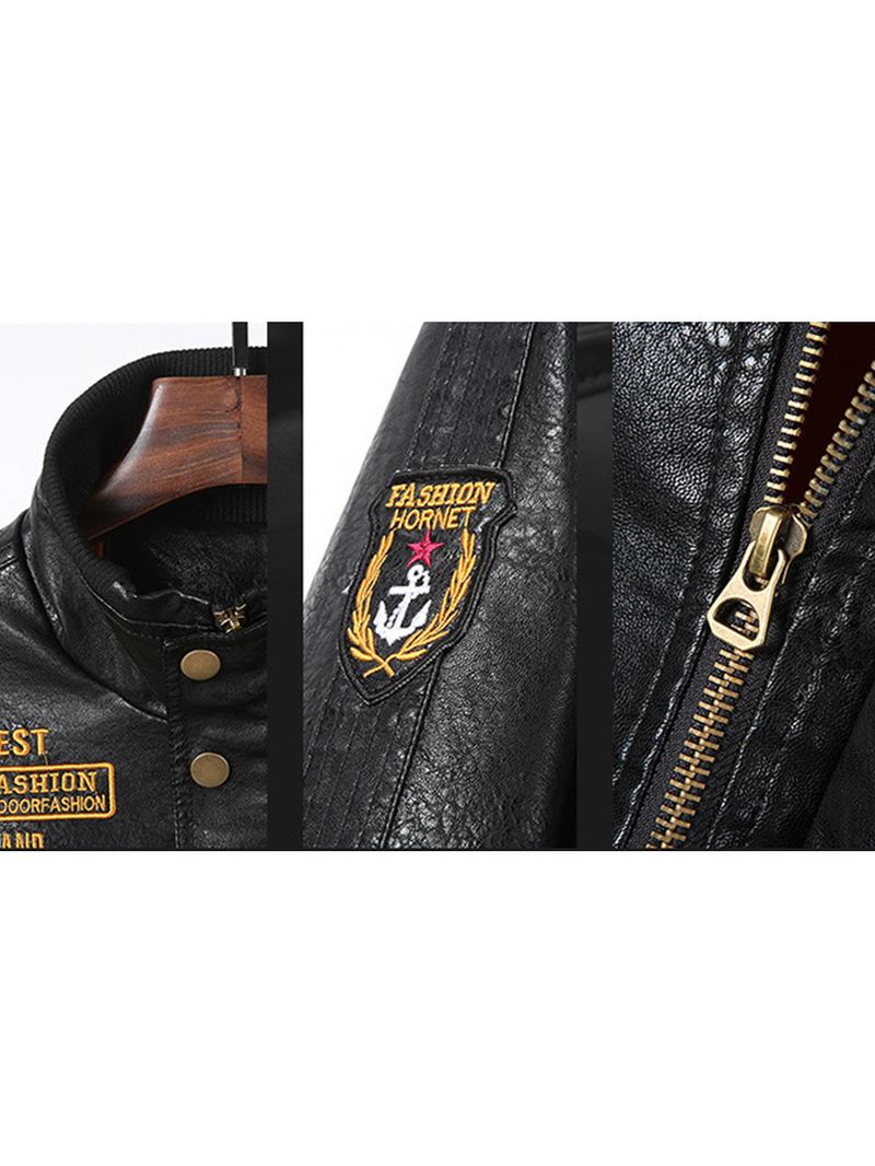 Herr Pu Läder Badge Zip Front Biker Jackor Med Flikfickor