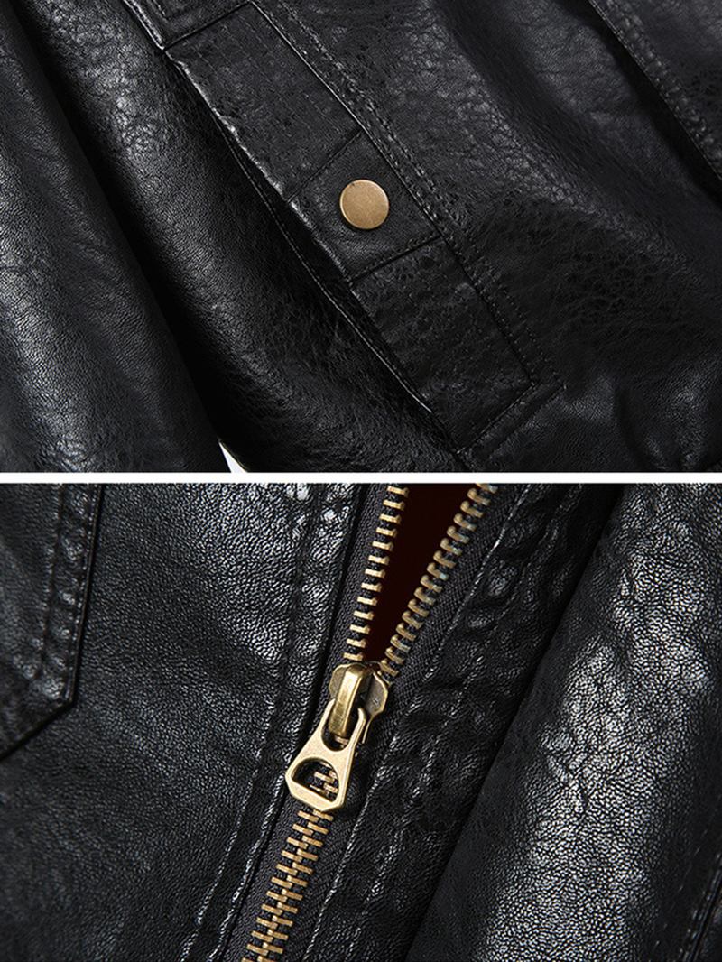 Herr Pu Läder Badge Zip Front Biker Jackor Med Flikfickor