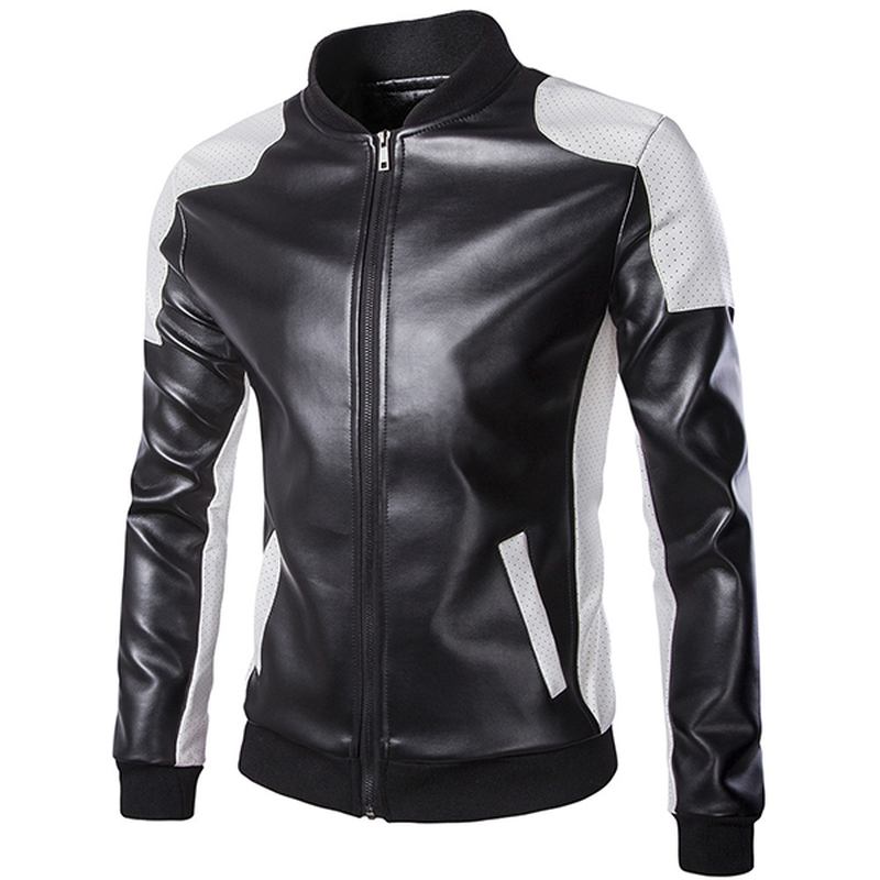 Herr Pu Läder Mode Svart Vit Sömmar Motorcykel Biker Jacka Baseball Krage Coat