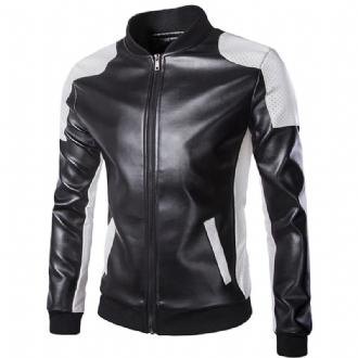 Herr Pu Läder Mode Svart Vit Sömmar Motorcykel Biker Jacka Baseball Krage Coat