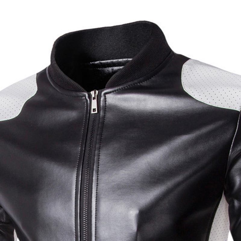 Herr Pu Läder Mode Svart Vit Sömmar Motorcykel Biker Jacka Baseball Krage Coat