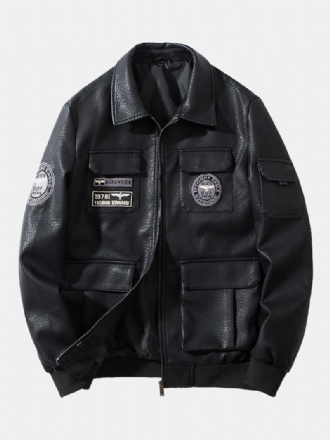 Herrbroderi Multifickor Dragkedja Lapel Pu Läder Motorcykeljackor