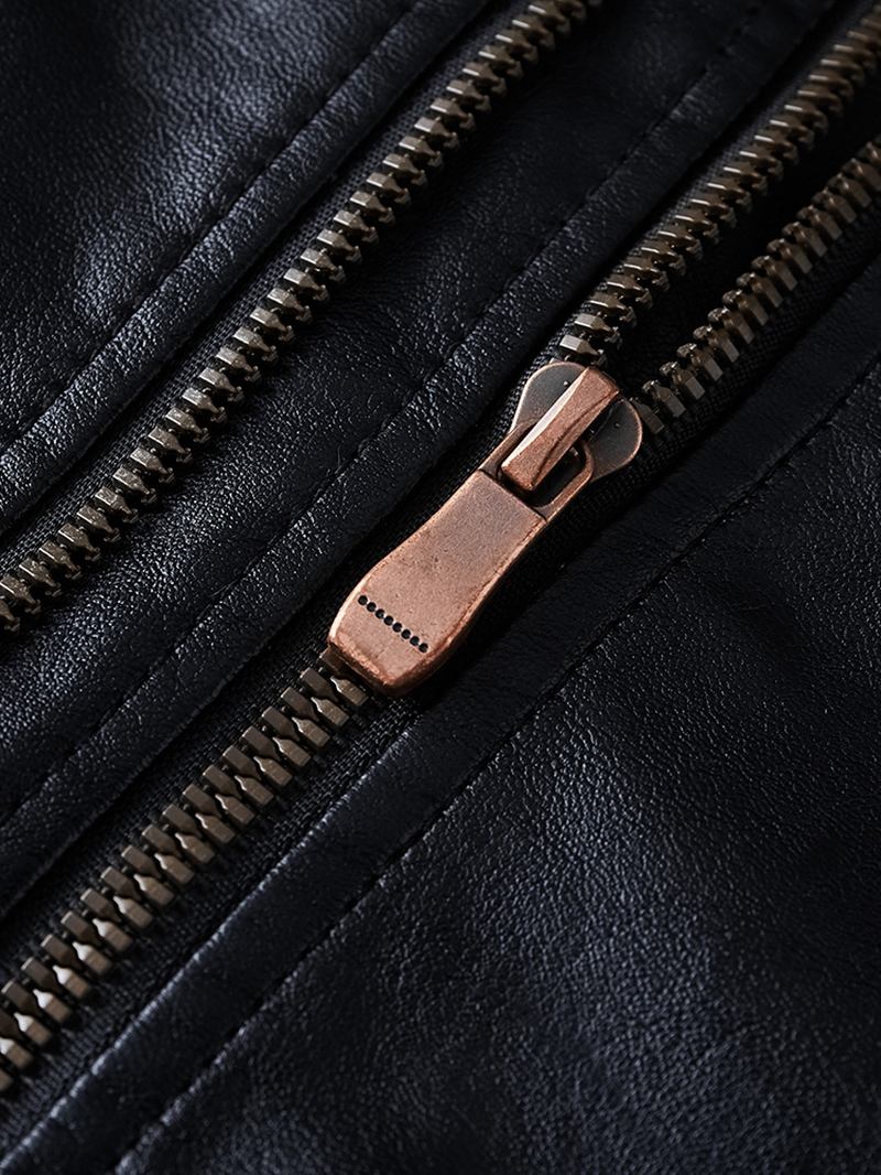 Man Pocket Lapel Zip-up Sashes Pu-läderjackor