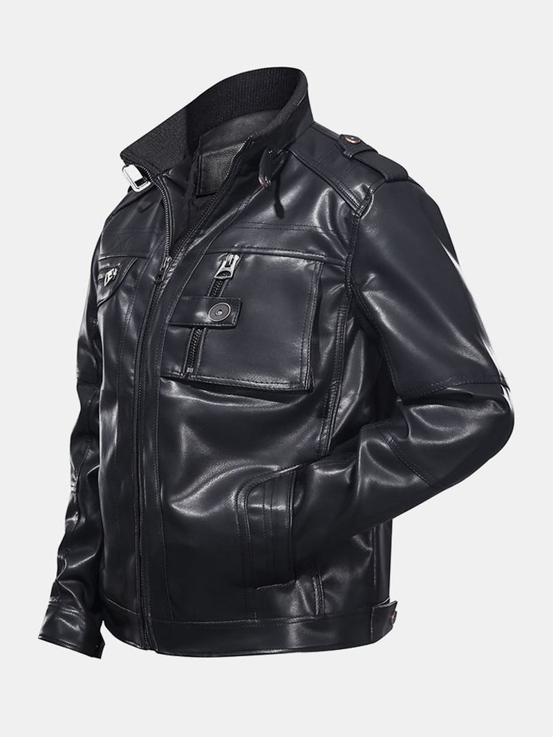 Man Pocket Zip-up Pu Läder Svart Långärmad Motorcykeljacka