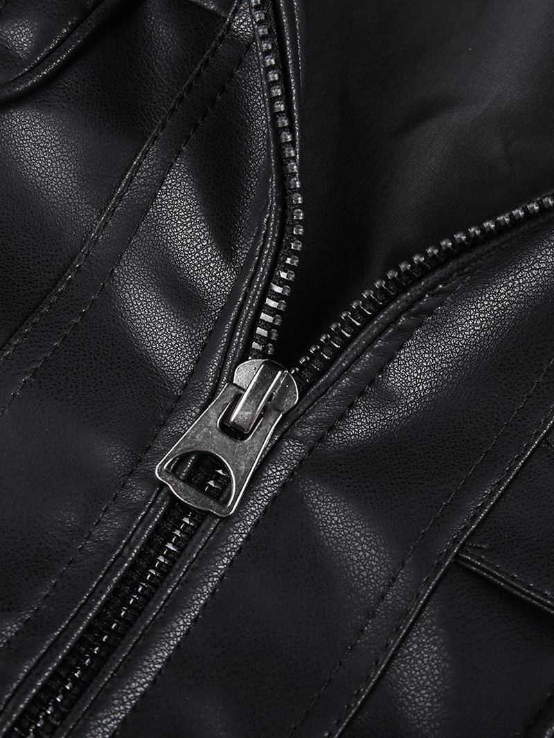 Man Pocket Zip-up Pu Läder Svart Långärmad Motorcykeljacka