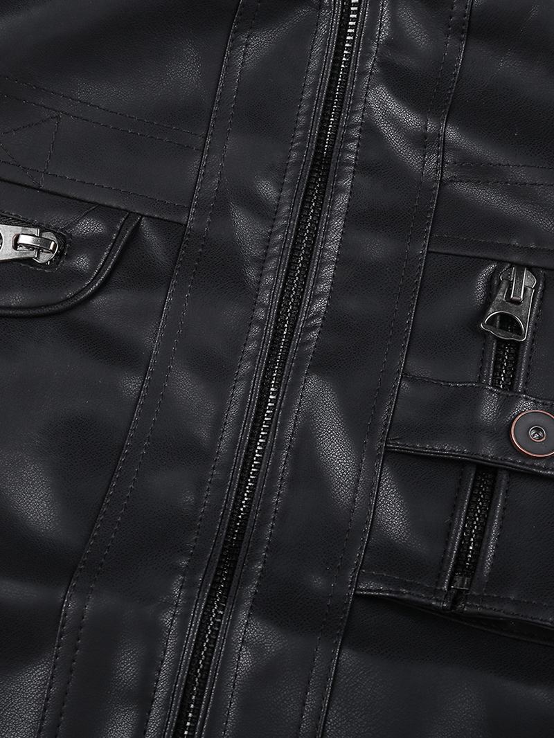 Man Pocket Zip-up Pu Läder Svart Långärmad Motorcykeljacka