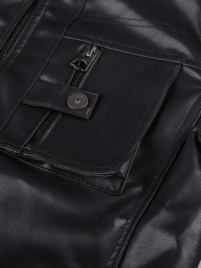 Man Pocket Zip-up Pu Läder Svart Långärmad Motorcykeljacka