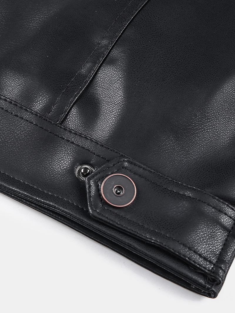 Man Pocket Zip-up Pu Läder Svart Långärmad Motorcykeljacka