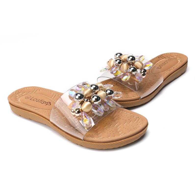 Kvinnor Beach Beaded Dekoration Platta Tofflor