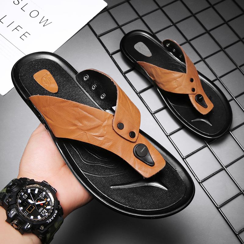 Män Läder Andas Mjuk Sula Halkfri Utomhus Flip Flops Casual Tofflor