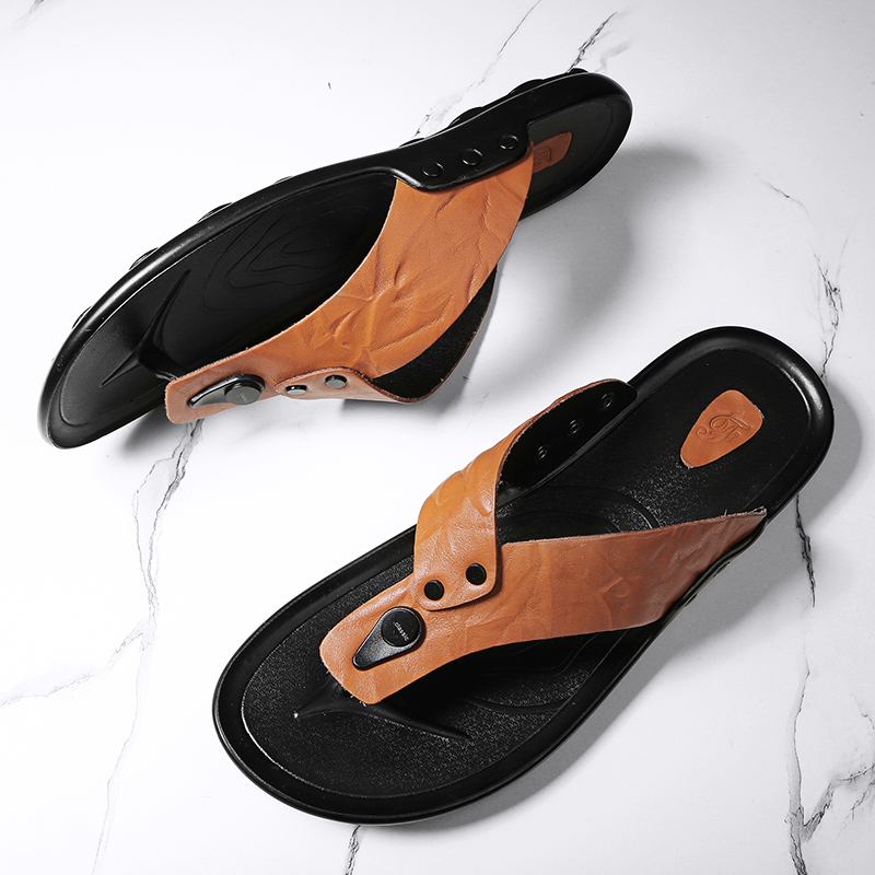 Män Läder Andas Mjuk Sula Halkfri Utomhus Flip Flops Casual Tofflor