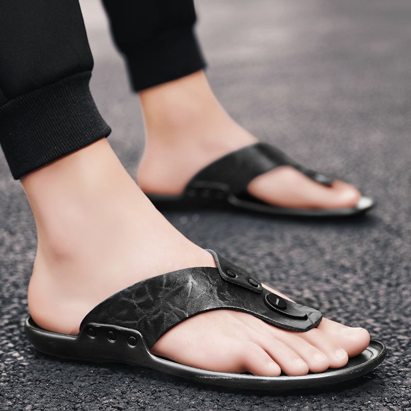 Män Läder Andas Mjuk Sula Halkfri Utomhus Flip Flops Casual Tofflor