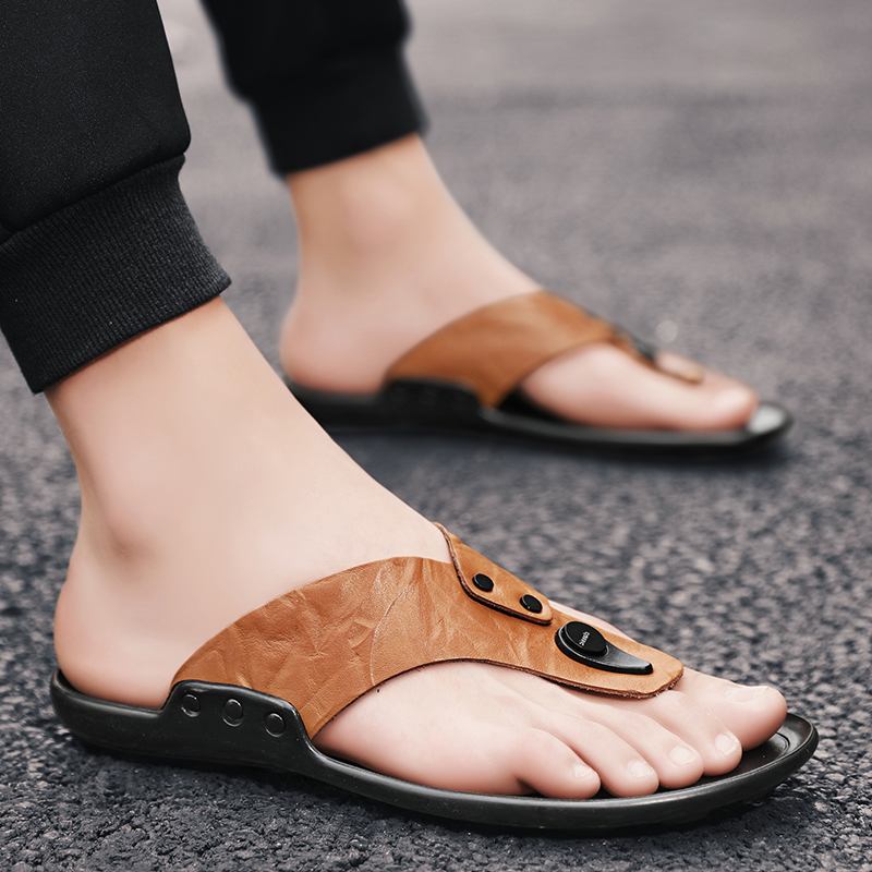 Män Läder Andas Mjuk Sula Halkfri Utomhus Flip Flops Casual Tofflor