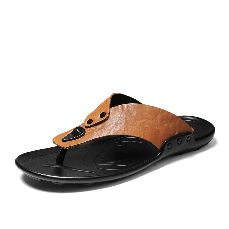 Män Läder Andas Mjuk Sula Halkfri Utomhus Flip Flops Casual Tofflor