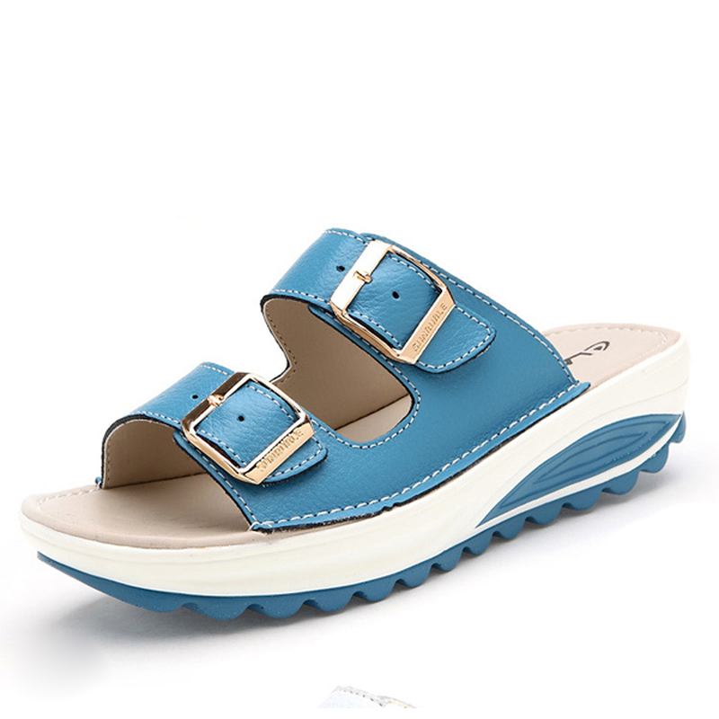 Stor Storlek Mjukt Läderspänne Peep Toe Tofflor Slip On Beach Platform Sandaler