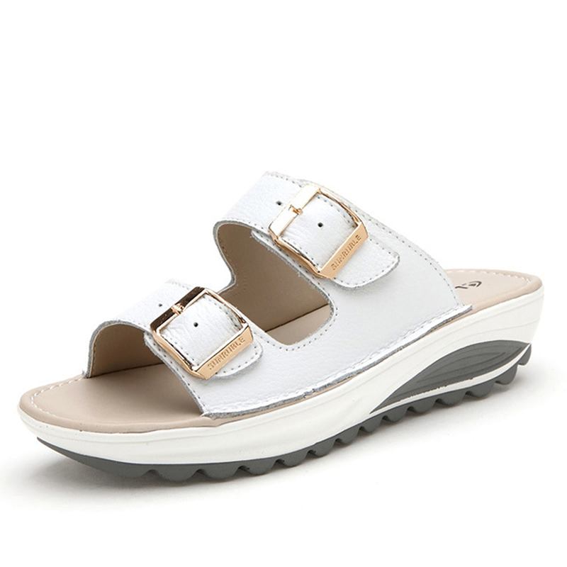 Stor Storlek Mjukt Läderspänne Peep Toe Tofflor Slip On Beach Platform Sandaler