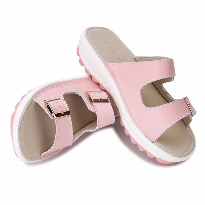 Stor Storlek Mjukt Läderspänne Peep Toe Tofflor Slip On Beach Platform Sandaler