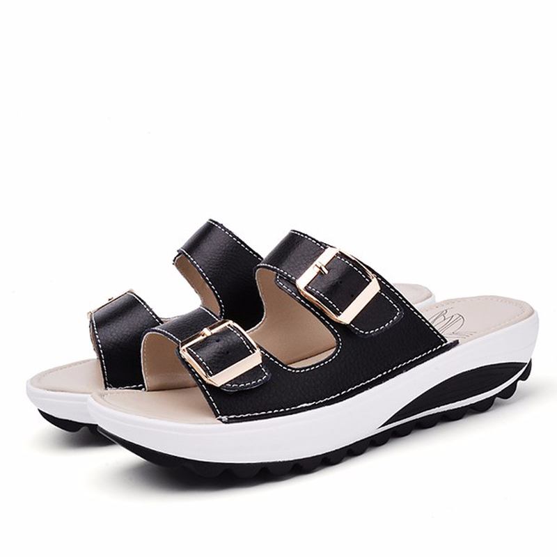 Stor Storlek Mjukt Läderspänne Peep Toe Tofflor Slip On Beach Platform Sandaler