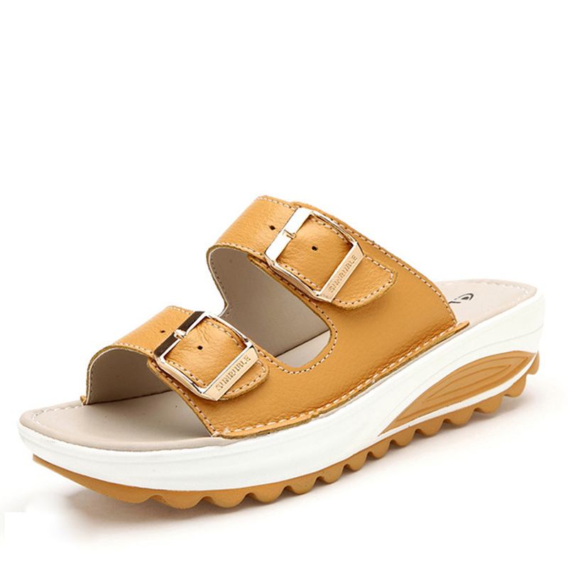 Stor Storlek Mjukt Läderspänne Peep Toe Tofflor Slip On Beach Platform Sandaler