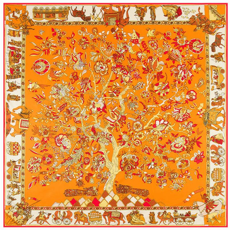 130 cm Fortune Tree Livets Träd Etniskt Blommönster Dam Twill Scarf Resescarf