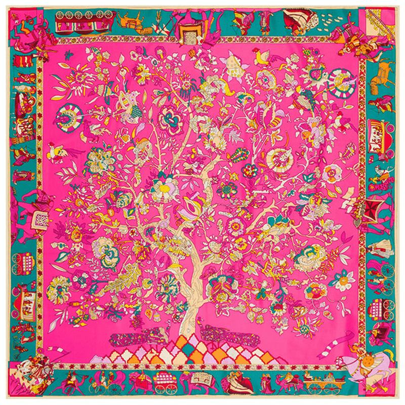 130 cm Fortune Tree Livets Träd Etniskt Blommönster Dam Twill Scarf Resescarf