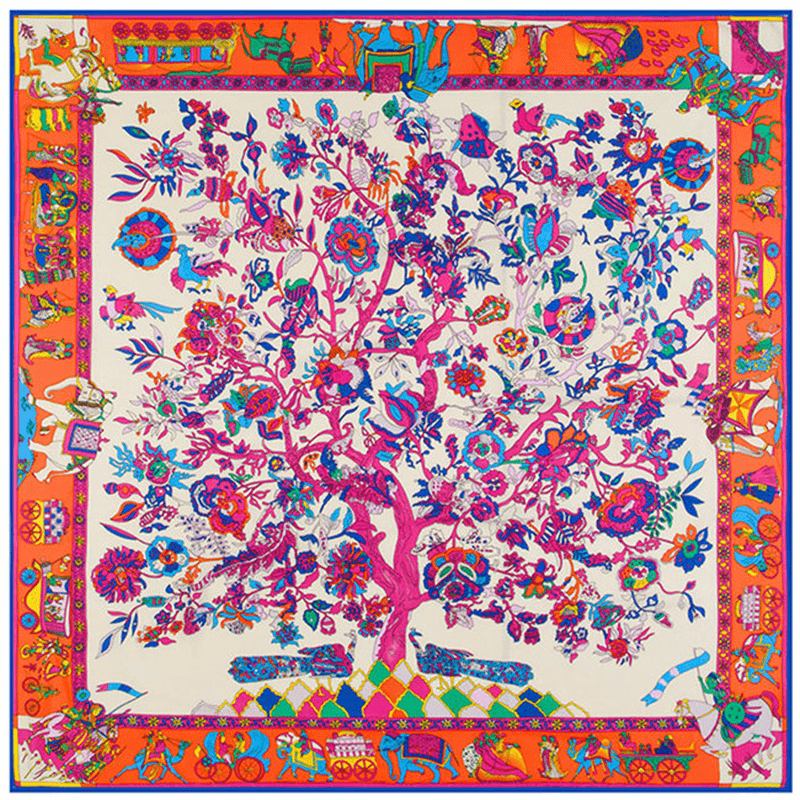 130 cm Fortune Tree Livets Träd Etniskt Blommönster Dam Twill Scarf Resescarf