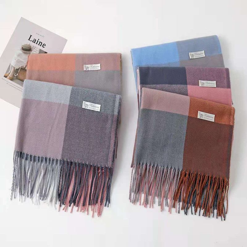 Cashmere Check Scarf Medellängd Tjock Värme Tofs Sjal