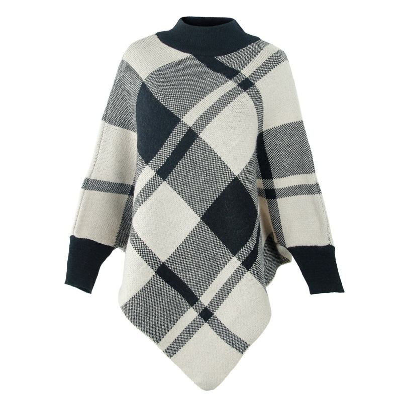 Color Block Check Cape Bat Sleeve Pullover Stickad Sjal