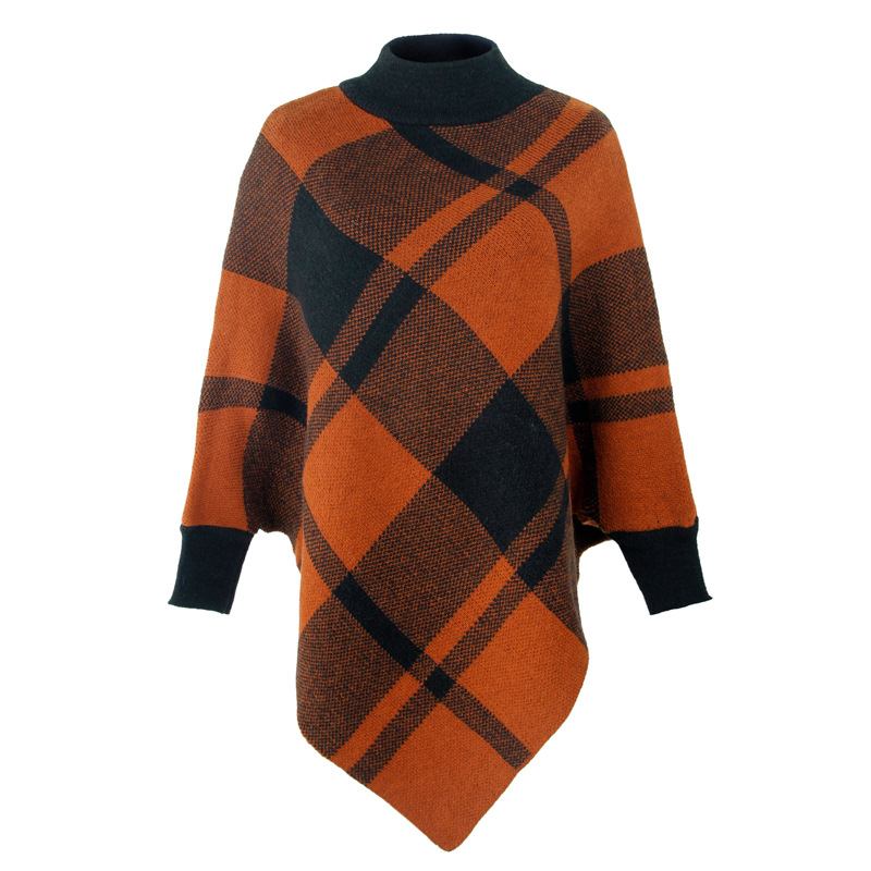 Color Block Check Cape Bat Sleeve Pullover Stickad Sjal