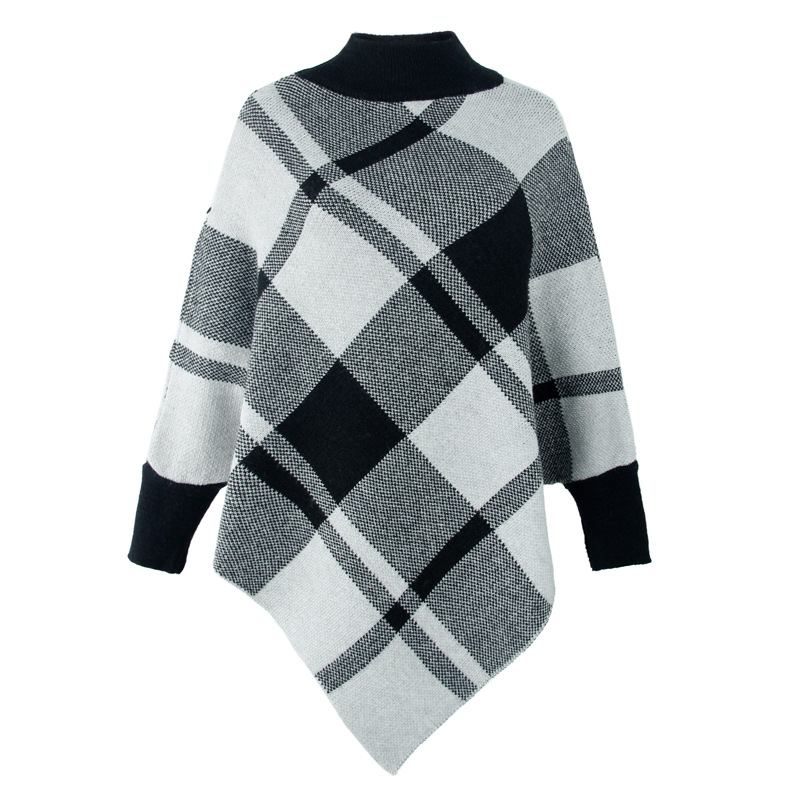 Color Block Check Cape Bat Sleeve Pullover Stickad Sjal