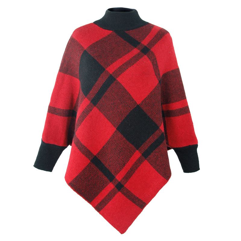 Color Block Check Cape Bat Sleeve Pullover Stickad Sjal