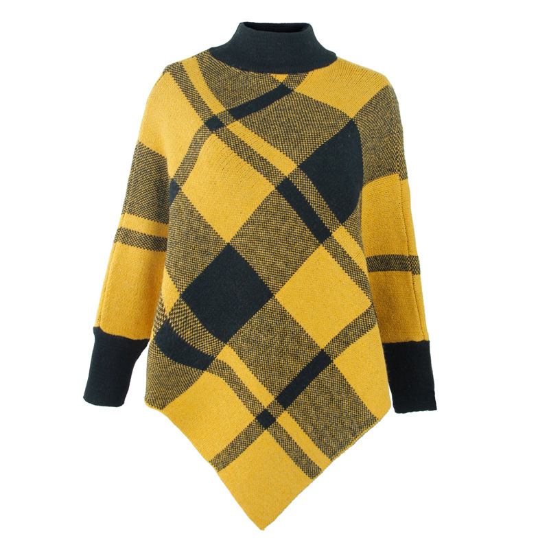 Color Block Check Cape Bat Sleeve Pullover Stickad Sjal