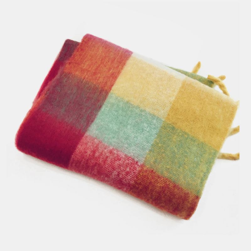 Dam Faux Cashmere Rainbow Patchwork Färg Tjock Varm Plädmönster Tofs Sjal Scarf