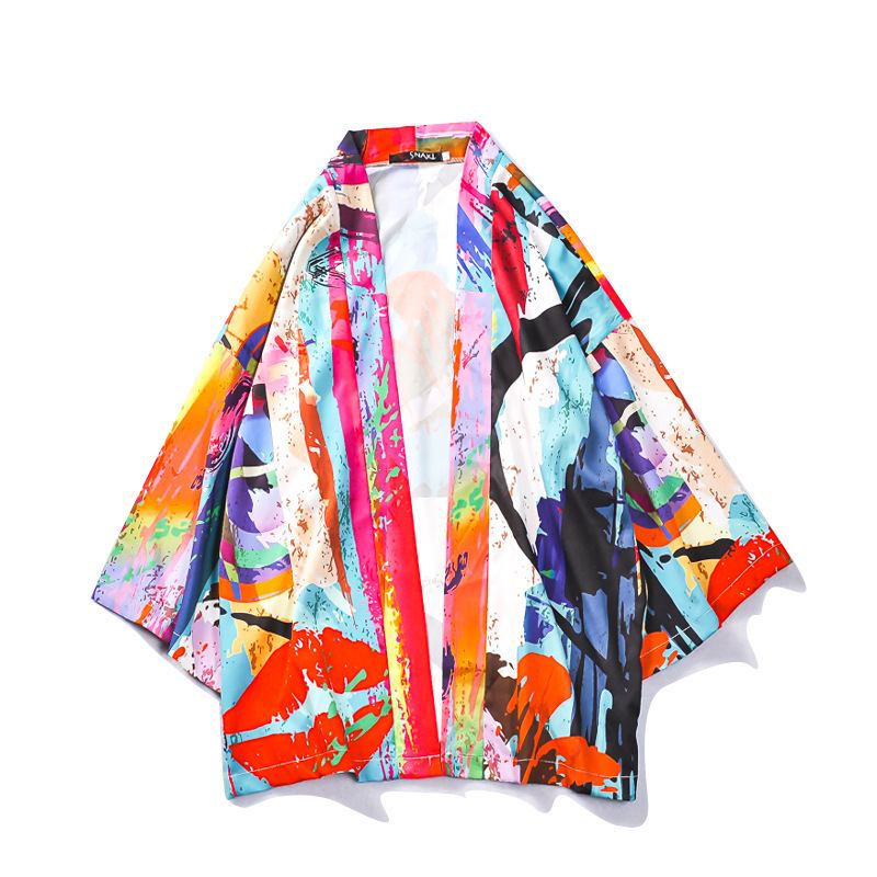 Japansk Tang Kostym Färg Graffiti Road Robe Solskyddsrock Tre Fjärdedels Ärm Par Herr Kimono Lös Tunn Sektion