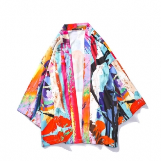 Japansk Tang Kostym Färg Graffiti Road Robe Solskyddsrock Tre Fjärdedels Ärm Par Herr Kimono Lös Tunn Sektion