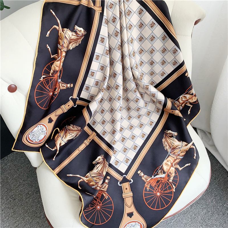 Klassisk Carriage Silk Twill Stor Fyrkantig Scarf Sjal Elegant Temperament