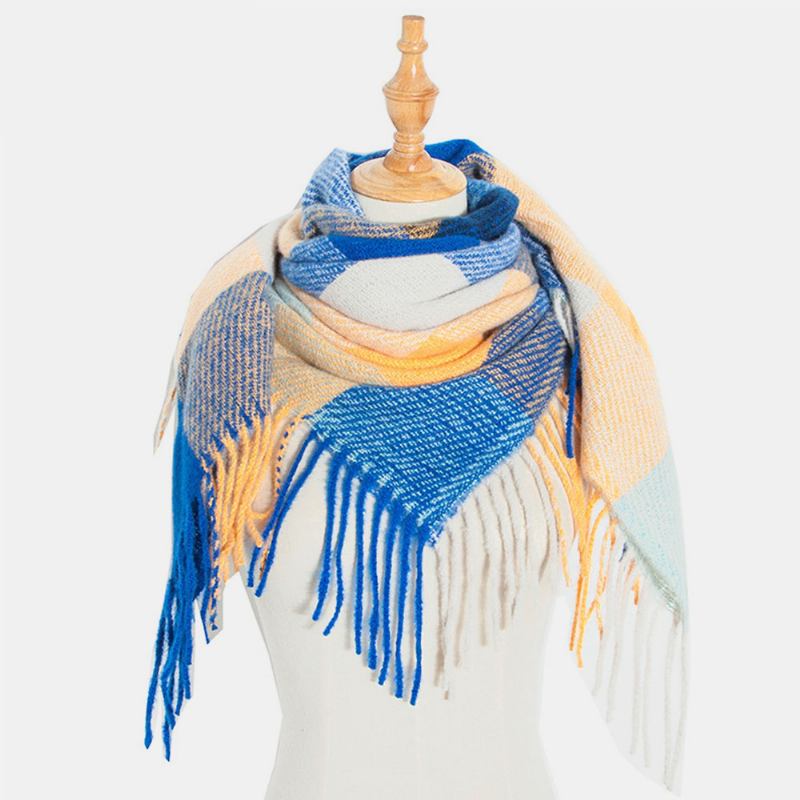 Kvinnor Tie-dyed Kontrastfärg Rand Lattice Mönster Tofs Vinter Håll Värmen Multi-purpose Scarf Sjal