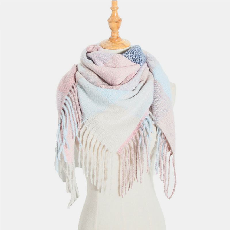 Kvinnor Tie-dyed Kontrastfärg Rand Lattice Mönster Tofs Vinter Håll Värmen Multi-purpose Scarf Sjal