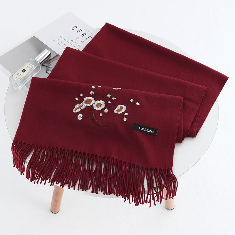 Kvinnor Vinter Cashmere-liknande Plommonbroderi Tofs Scarf