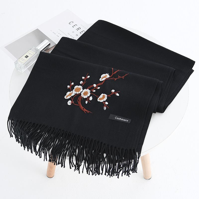 Kvinnor Vinter Cashmere-liknande Plommonbroderi Tofs Scarf